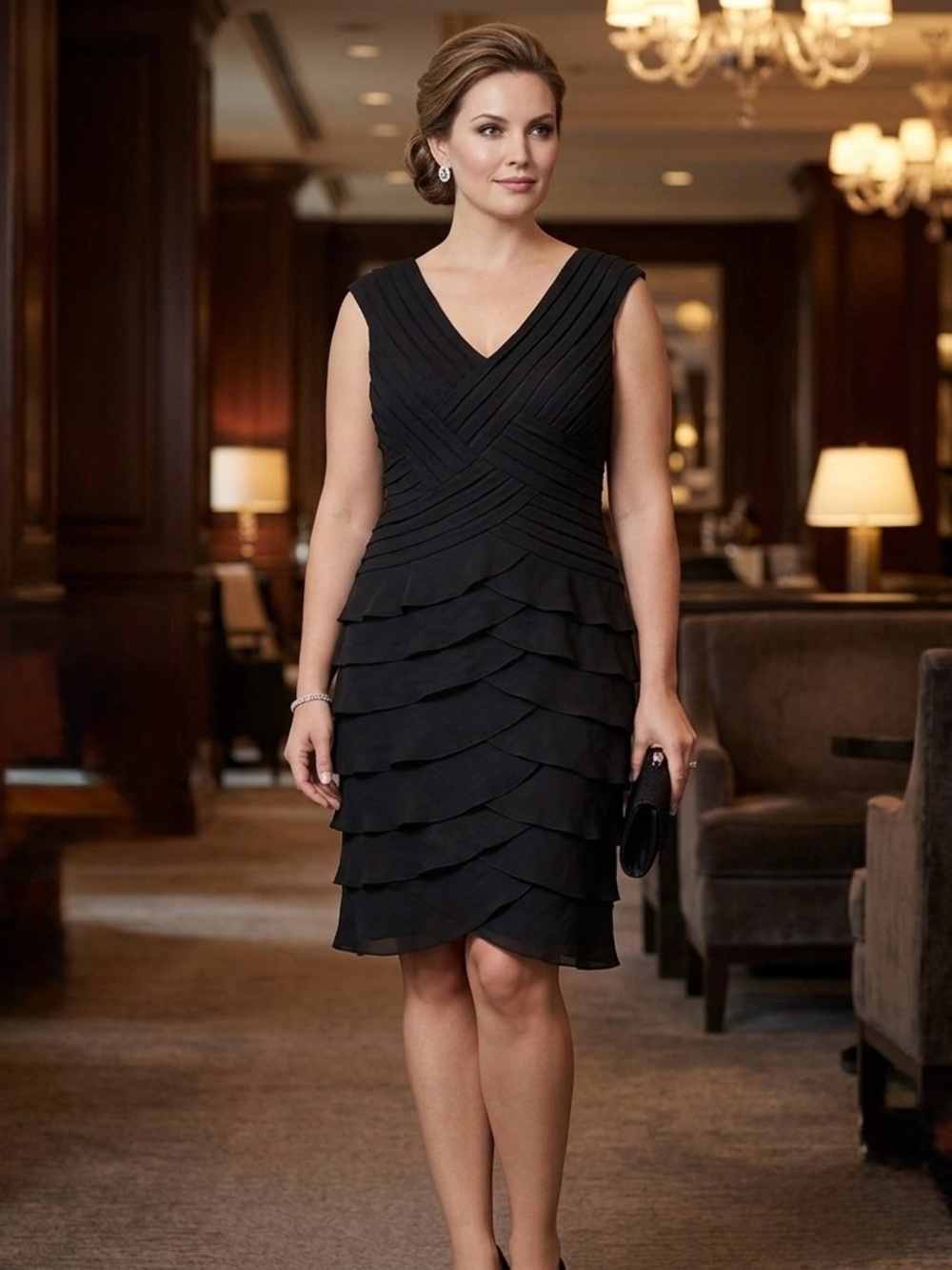 Adrianna Papell Women Black Midi Dress Size 12 Formal Wedding Evening Cocktail